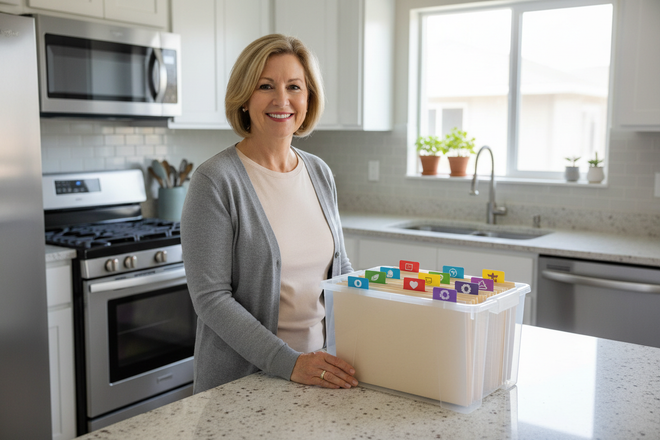 Keep everything the same but the box should contain manila folders with 1/5 cut tabs along the top and little different coloured icon on the tab labels